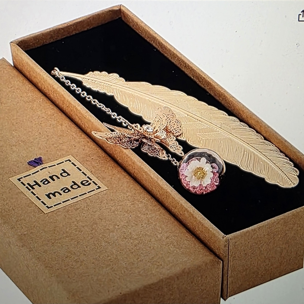 Handmade Gold and Pink Metal Feather Book Mark